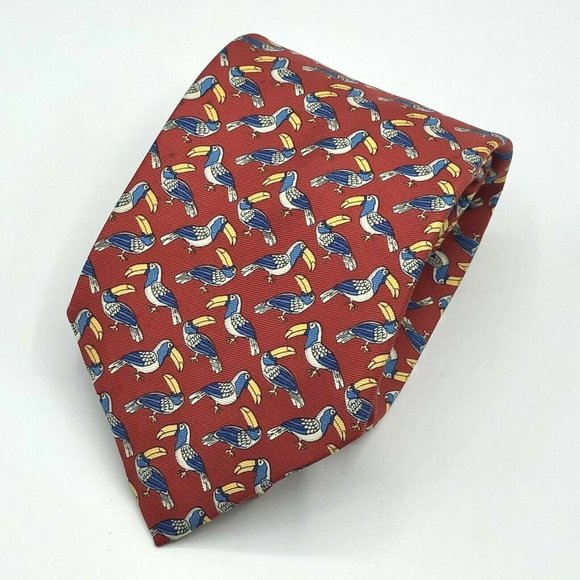 Burberrys Mens Silk Neck Tie Red Toucan Novelty Print Pattern Made in England - Picture 2 of 8